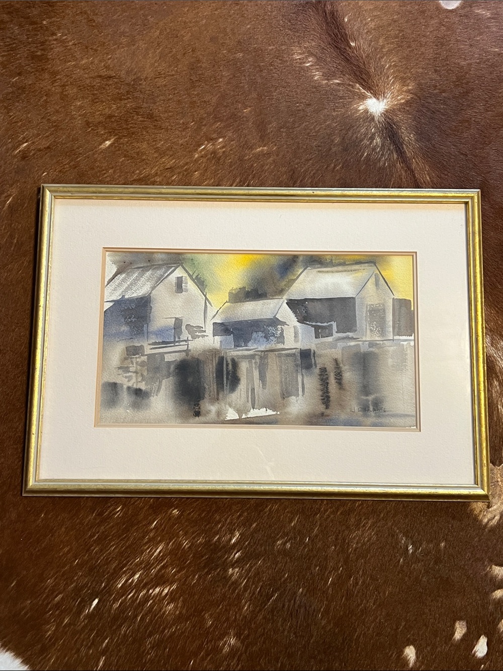 Framed Watercolor Coastal Houses Art Work in Gold Frame, Signed by J.E.Hughes